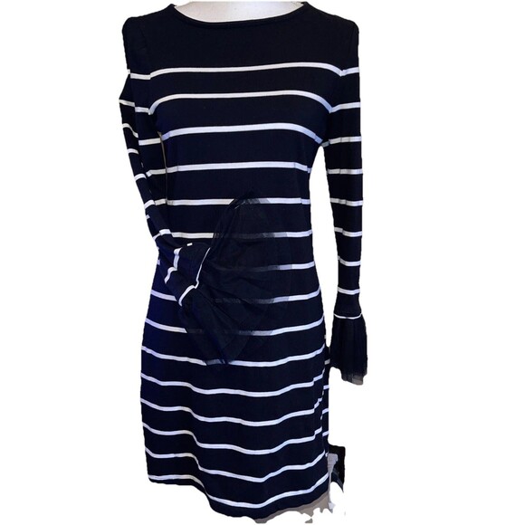 Beach Lunch Lounge Dress Striped Black White w/Net Bell Cuff Sleeves Knee Length - Picture 2 of 7